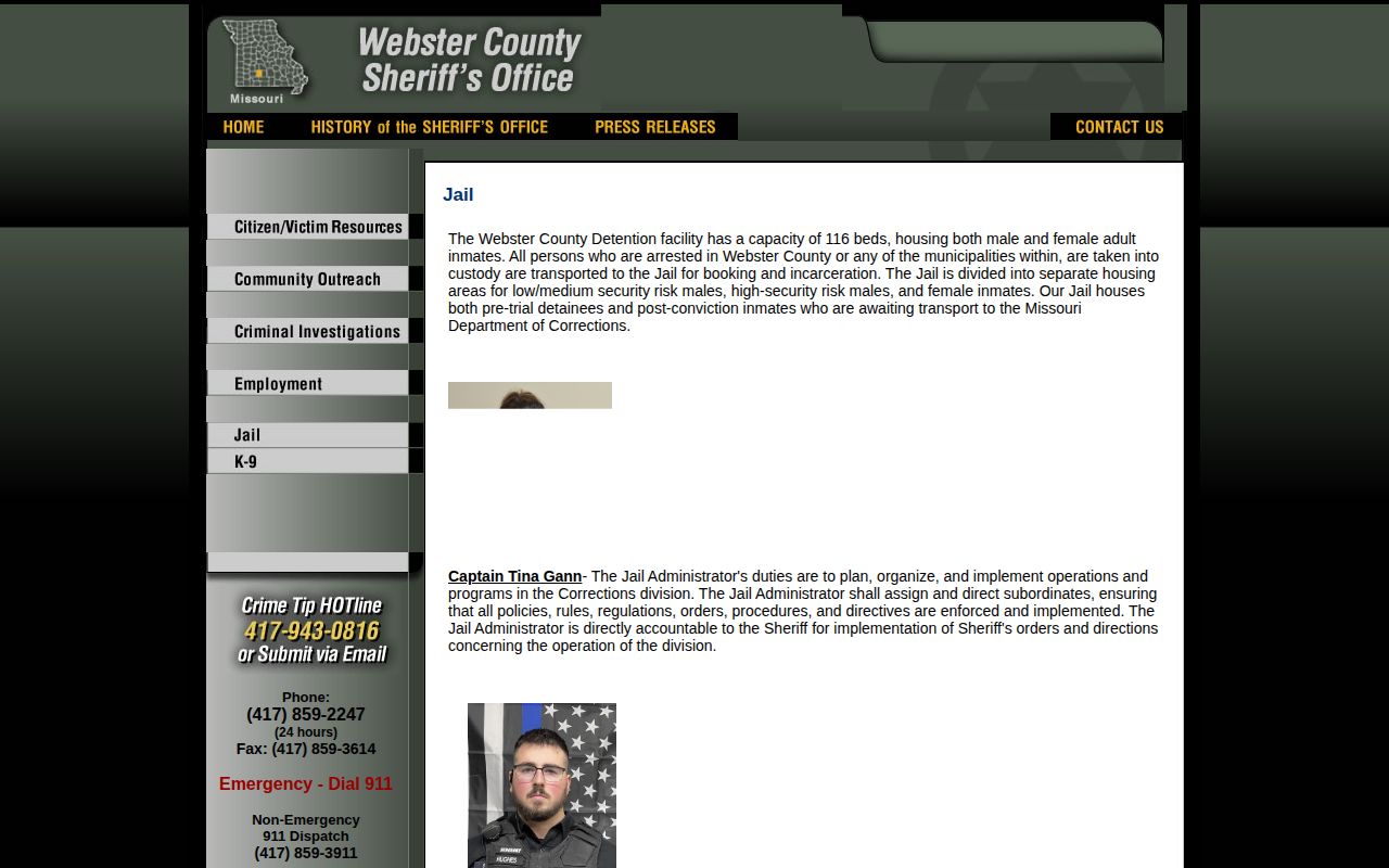 Webster County Detention Facility booking-record information page