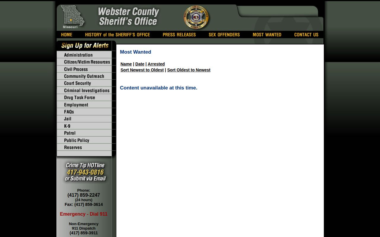 Webster County Sheriff wanted-interface availability page