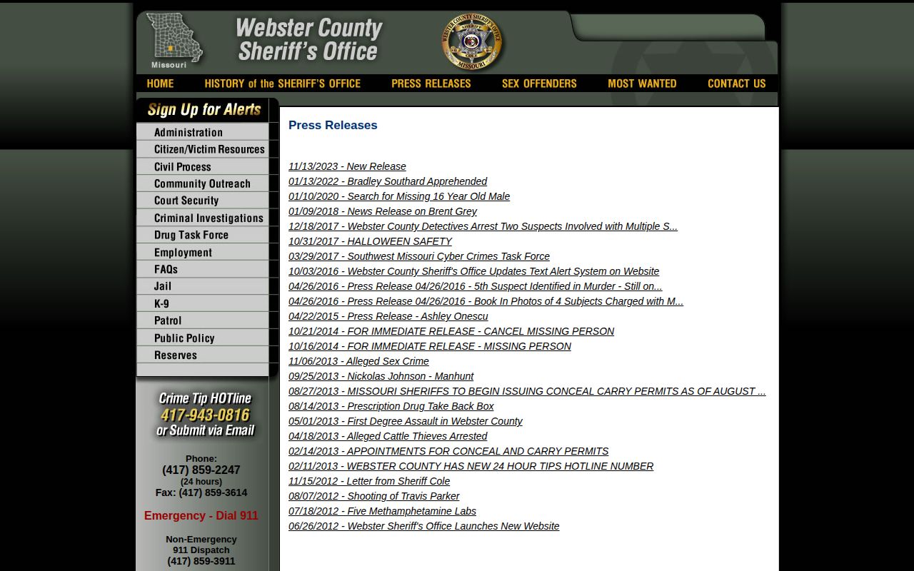 Webster County Sheriff press archive for historical arrest news